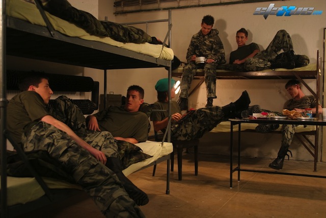 Six boys fuck a friend in this gay military orgy scene on the Staxus site (1)